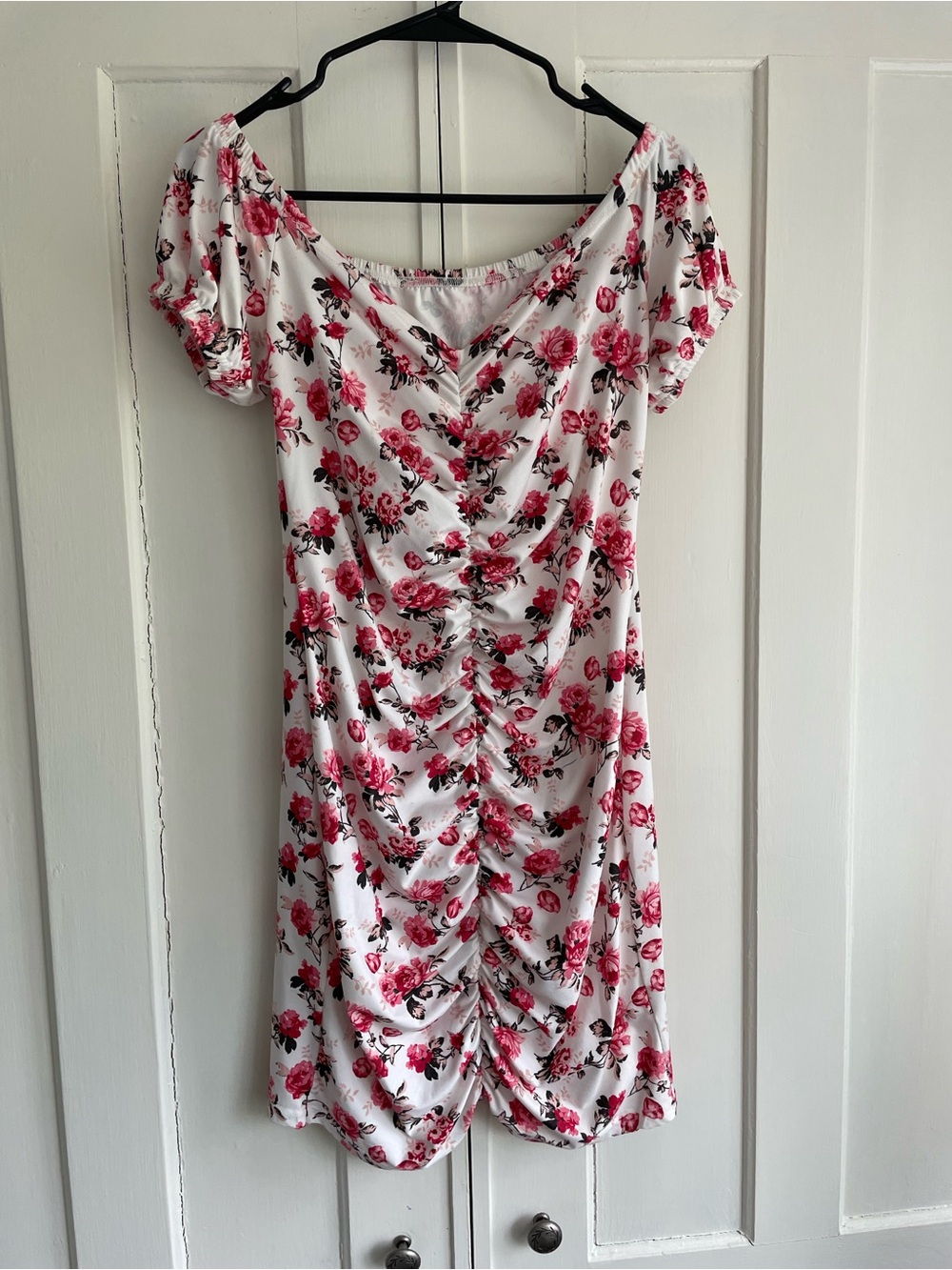 White Floral Ruched Midi Dress with Pink Roses Off Shoulder Women’s Size Large